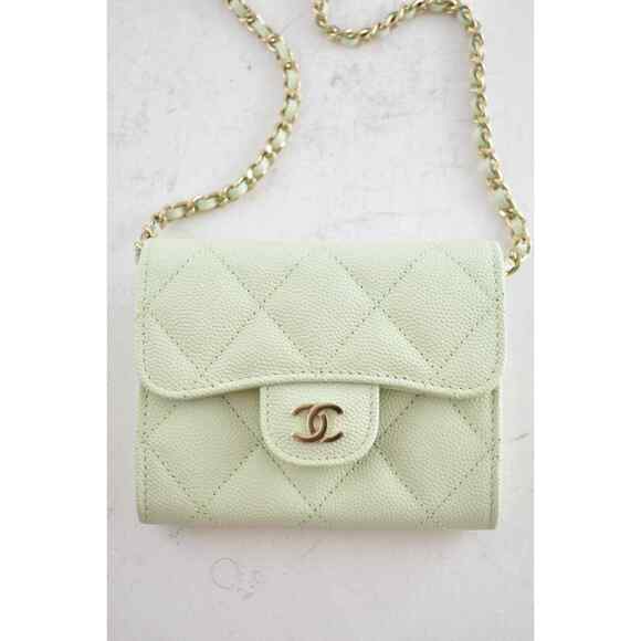 Chanel 22C Green Caviar Mini Wallet On Chain Gold Card Shoulder Crossbody Bag - Picture 4 of 12